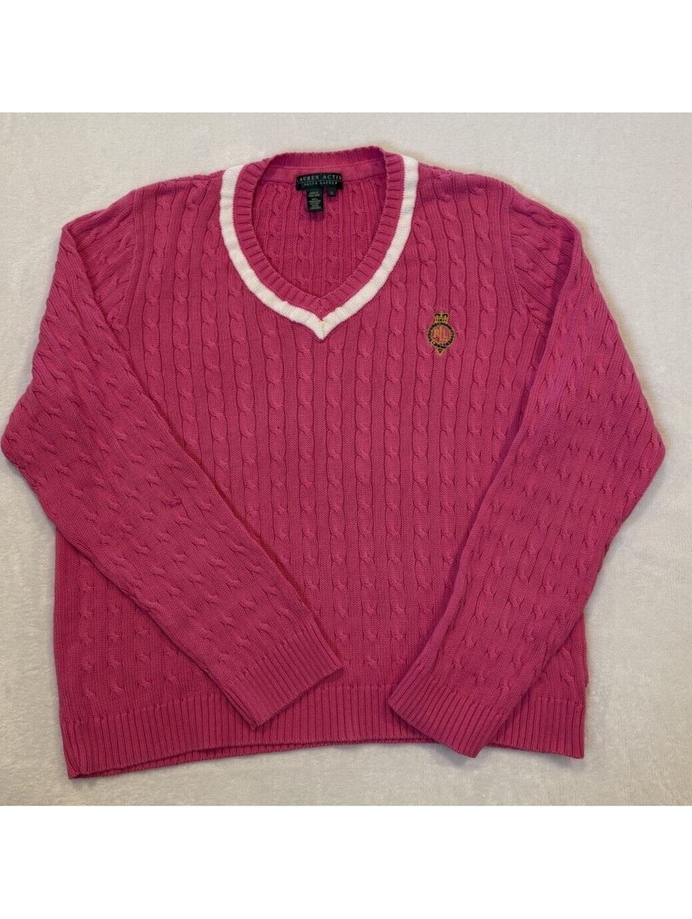Lauren Ralph Lauren RL Active Cable Knit Sweater Women XL Pink V-Neck Cotton